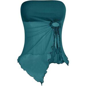 Women's Mesh Drawstring Split Tube Top Teal Blue